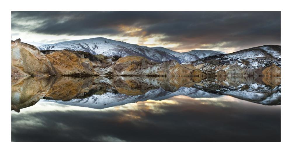 Reflections of cliffs on Blue Lake, St. Bathans, central Otago, New Zealand-Paper Art-26"x14"