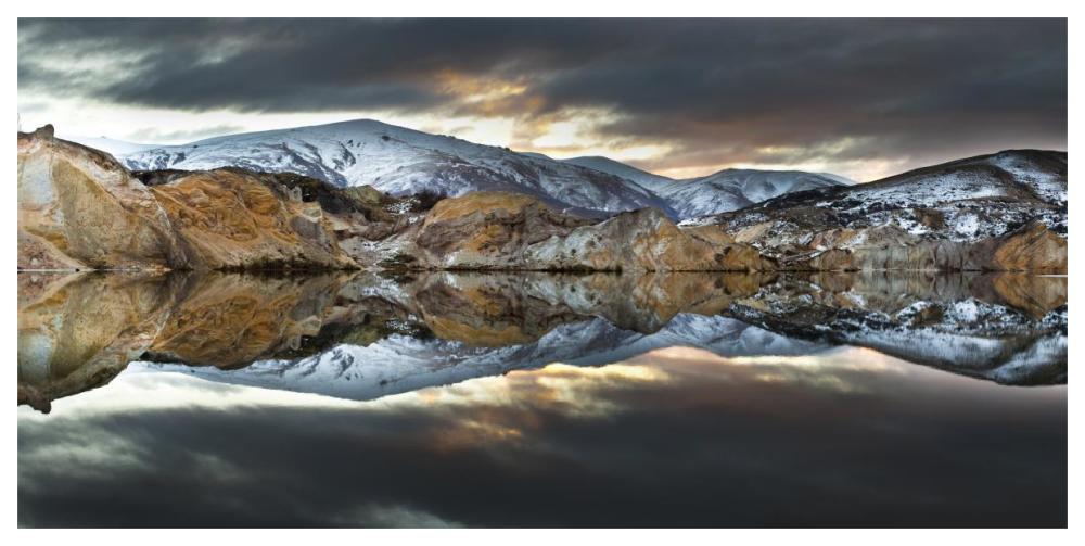 Reflections of cliffs on Blue Lake, St. Bathans, central Otago, New Zealand-Paper Art-62"x32"