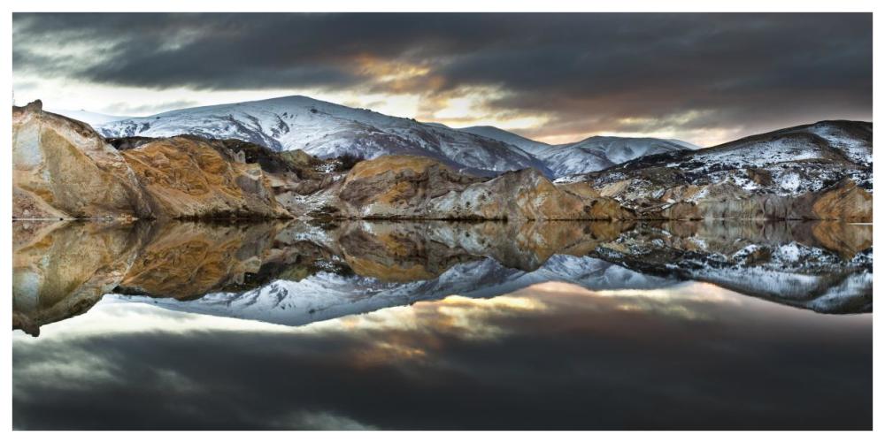 Reflections of cliffs on Blue Lake, St. Bathans, central Otago, New Zealand-Paper Art-74"x38"