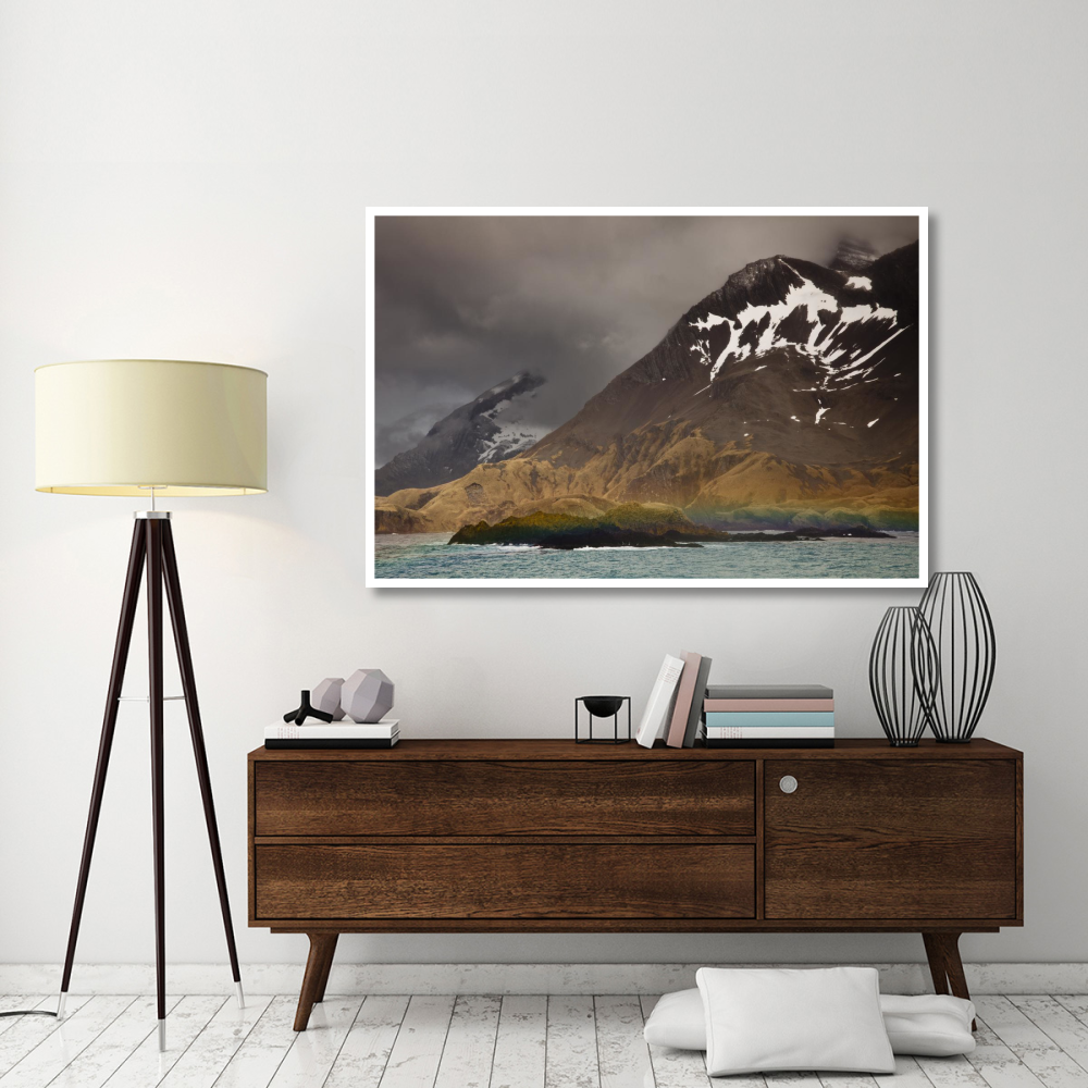 Rainbow over rocks at entrance to Fortuna Bay, South Georgia Island, Antarctica-Paper Art-62&quotx42"