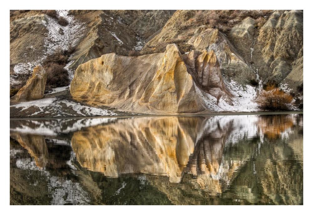 Reflections of clay cliffs in Blue Lake, St. Bathans, central Otago, New Zealand-Paper Art-32"x22"