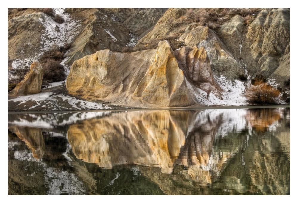 Reflections of clay cliffs in Blue Lake, St. Bathans, central Otago, New Zealand-Paper Art-38"x26"