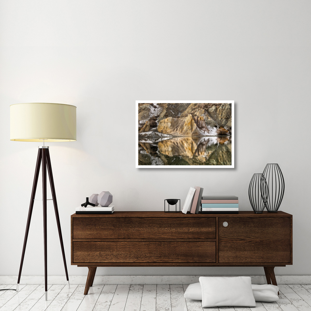 Reflections of clay cliffs in Blue Lake, St. Bathans, central Otago, New Zealand-Paper Art-38&quotx26"