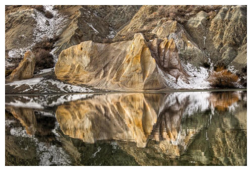 Reflections of clay cliffs in Blue Lake, St. Bathans, central Otago, New Zealand-Paper Art-50"x34"