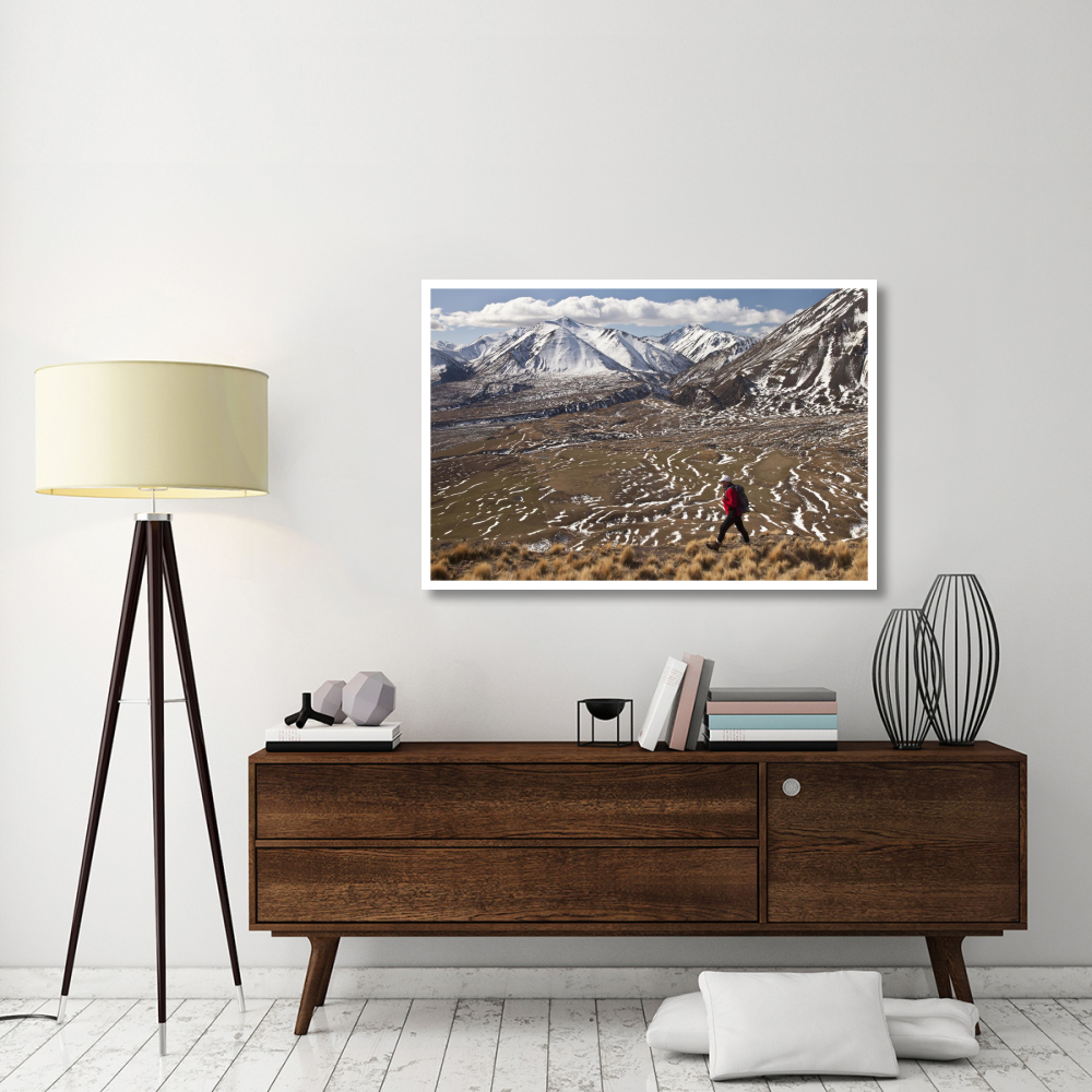 Hiker descends hill of Tussock Grass above Lake Heron Station, Canterbury, New Zealand-Paper Art-50&quotx34"