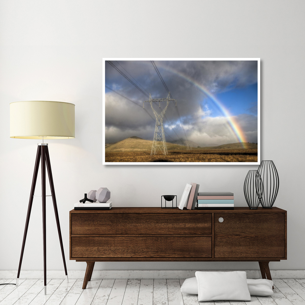 Powerlines, rainbow forms as evening sun lights up rain clouds, Canterbury, New Zealand-Paper Art-62&quotx42"