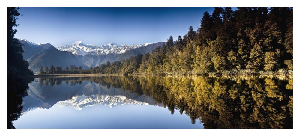 Mount Cook and Mount Tasman reflected in Lake Matheson at sunset near Fox Glacier, New Zealand-Paper Art-42"x19.2"