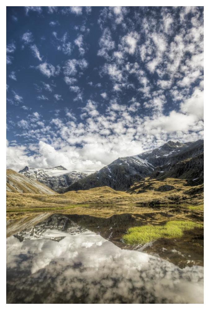 Mount Tyndall, reflection in tarn at Cascade Saddle, Mount Aspiring National Park, New Zealand-Paper Art-34"x50"