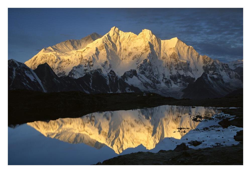 Mt Makalu and Mt Chomolonzo bathed in dawn light, reflected in small lake, Khama Valley, Tibet-Paper Art-32"x22"