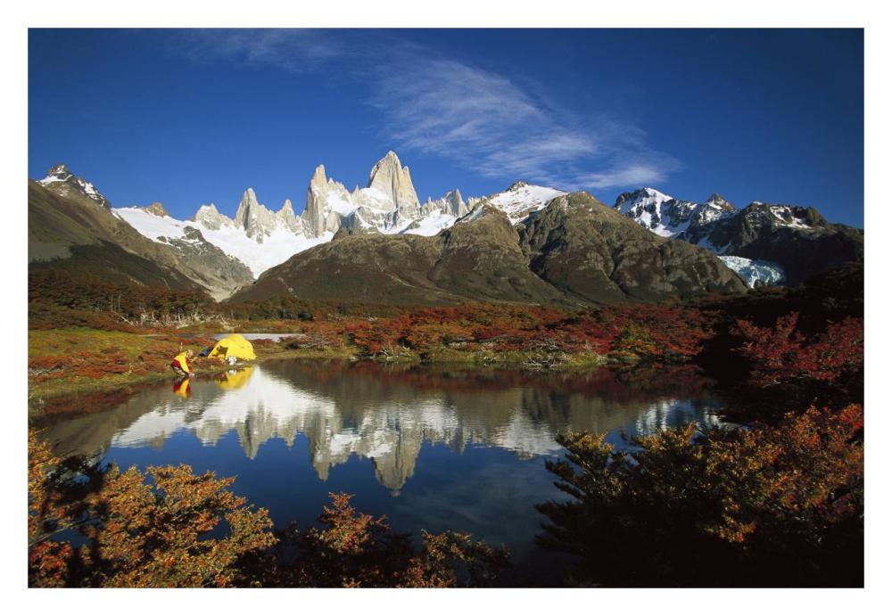 Camp beside small pond below Fitzroy, autumn, Los Glaciares National Park, Patagonia, Argentina-Paper Art-32"x22"