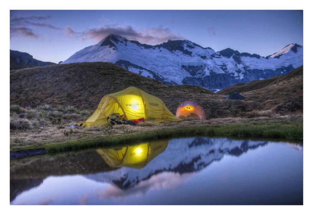 Campers read in tents lit by flashlight, Cascade Saddle, Mount Aspiring National Park, New Zealand-Paper Art-32"x22"