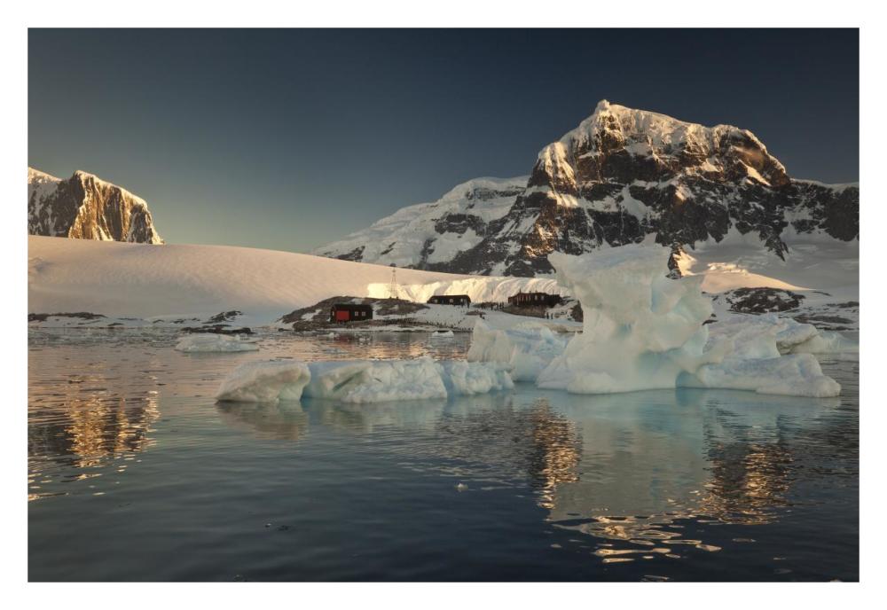 Museum, an old english military base, at sunset, Port Lockroy, Wiencke Island, Antarctic Peninsula, Antarctica-Paper Art-32"x22"