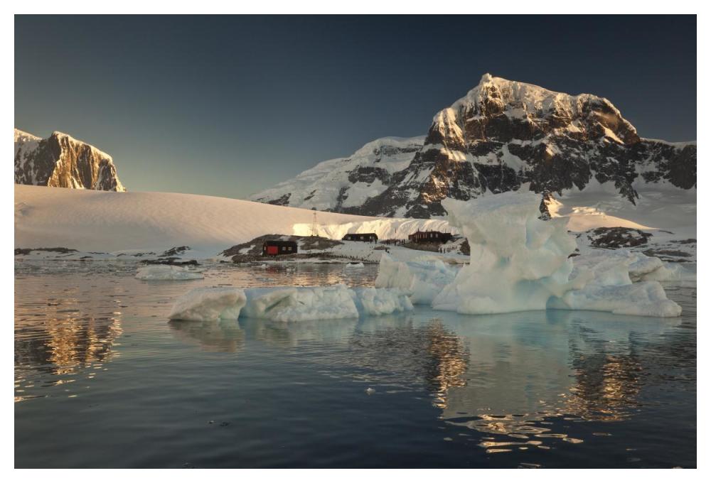 Museum, an old english military base, at sunset, Port Lockroy, Wiencke Island, Antarctic Peninsula, Antarctica-Paper Art-50"x34"
