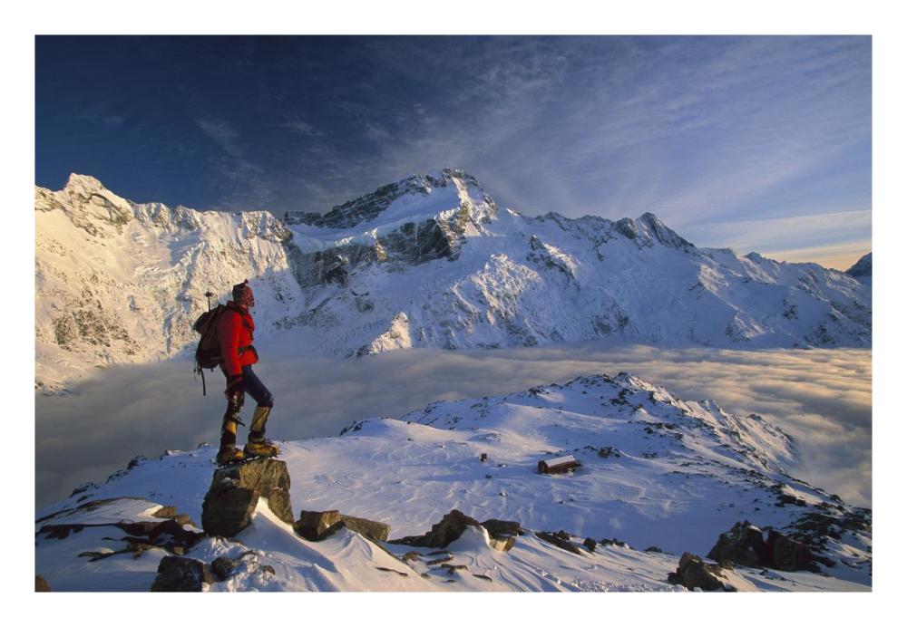 Mt Sefton, climber at dawn above Mueller hut and cloud-filled Mueller Glacier, Mt Cook National Park, New Zealand-Paper Art-26"x18"