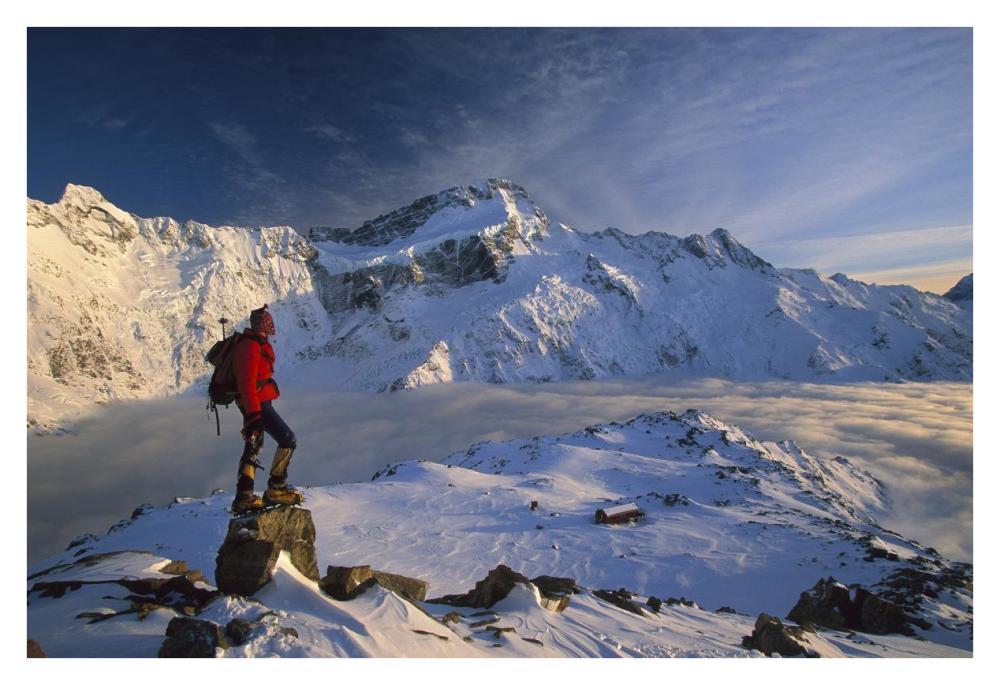 Mt Sefton, climber at dawn above Mueller hut and cloud-filled Mueller Glacier, Mt Cook National Park, New Zealand-Paper Art-38"x26"