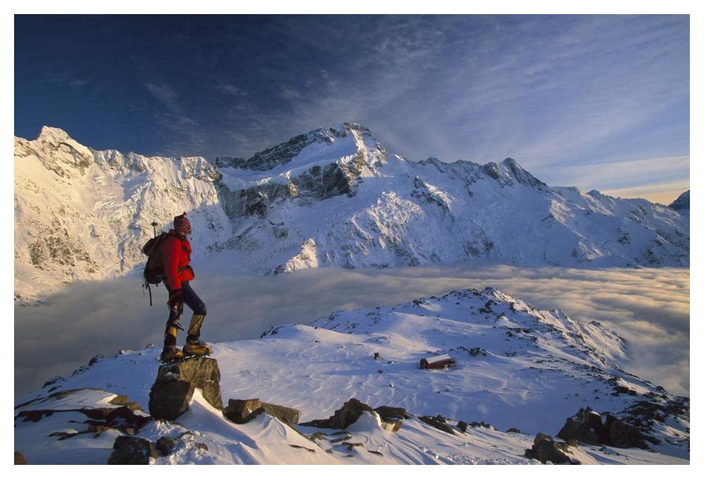 Mt Sefton, climber at dawn above Mueller hut and cloud-filled Mueller Glacier, Mt Cook National Park, New Zealand-Paper Art-50"x34"