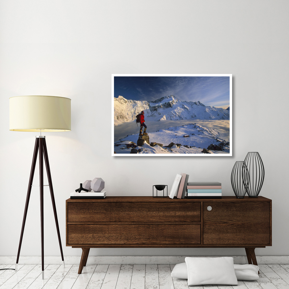 Mt Sefton, climber at dawn above Mueller hut and cloud-filled Mueller Glacier, Mt Cook National Park, New Zealand-Paper Art-50&quotx34"
