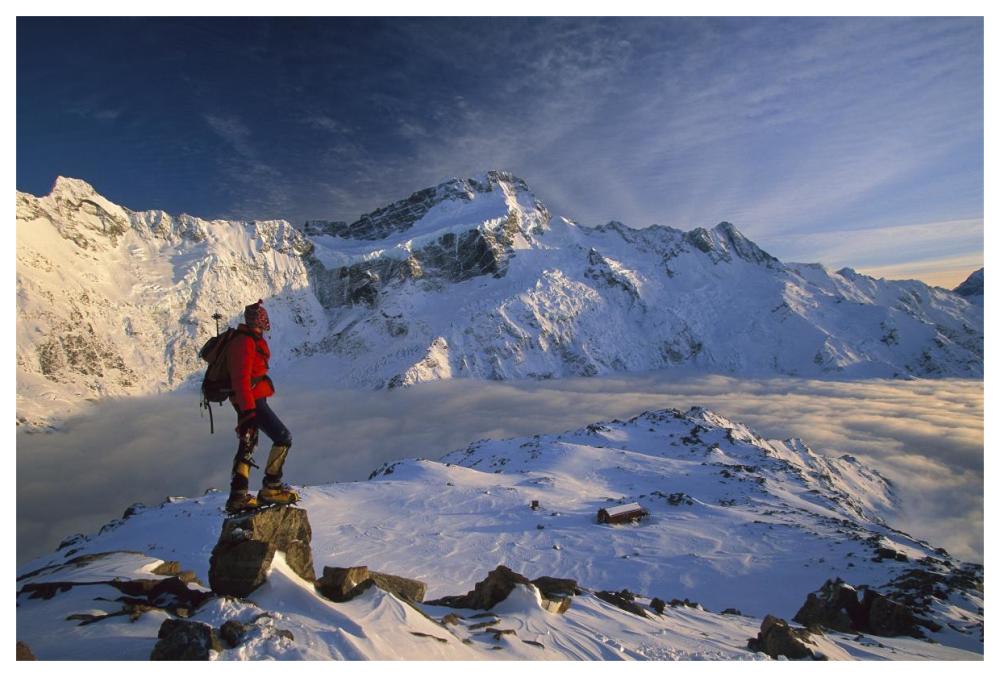 Mt Sefton, climber at dawn above Mueller hut and cloud-filled Mueller Glacier, Mt Cook National Park, New Zealand-Paper Art-62"x42"
