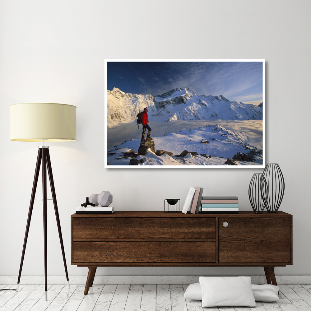 Mt Sefton, climber at dawn above Mueller hut and cloud-filled Mueller Glacier, Mt Cook National Park, New Zealand-Paper Art-62&quotx42"
