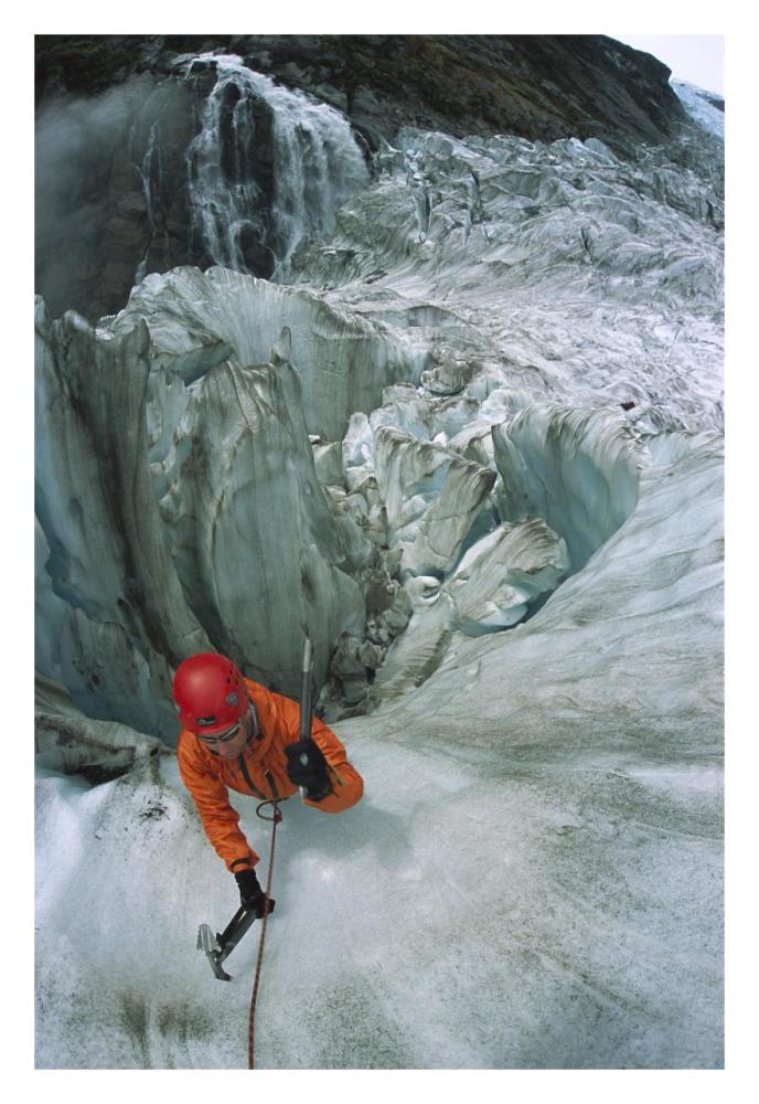 Ice climber on steep ice in Fox Glacier crevasse near Victoria Falls, Westland National Park, South Island, New Zealand-Paper Art-22"x32"