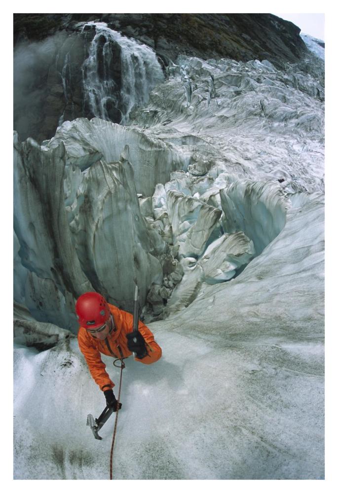 Ice climber on steep ice in Fox Glacier crevasse near Victoria Falls, Westland National Park, South Island, New Zealand-Paper Art-26"x38"