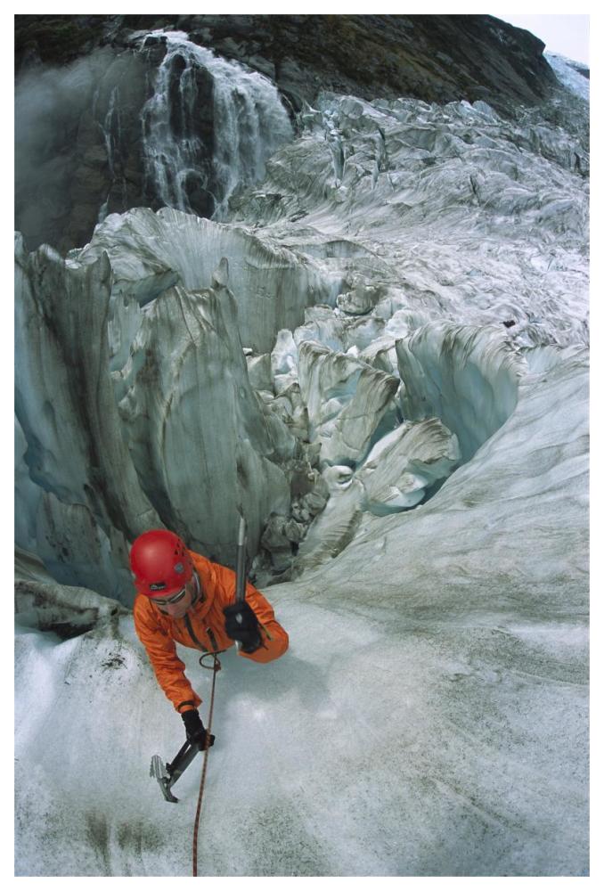 Ice climber on steep ice in Fox Glacier crevasse near Victoria Falls, Westland National Park, South Island, New Zealand-Paper Art-42"x62"