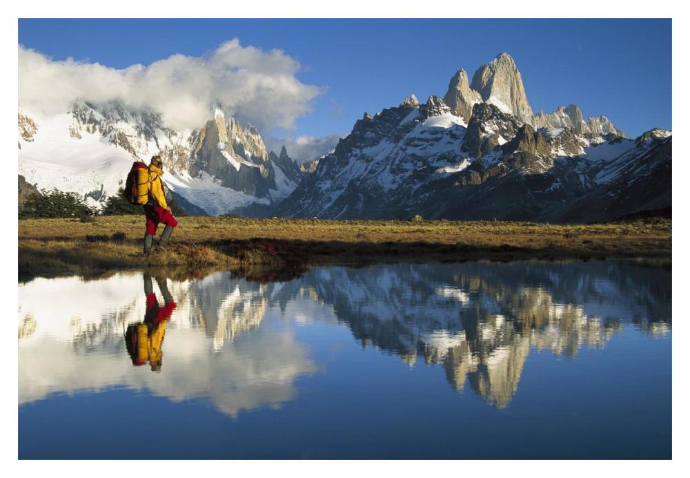 Hiker, Cerro Torre and Fitzroy reflected in small pond at dawn, Loma Plieque Tumbado, Los Glaciares National Park, Patagonia, Argentina-Paper Art-20"x14"