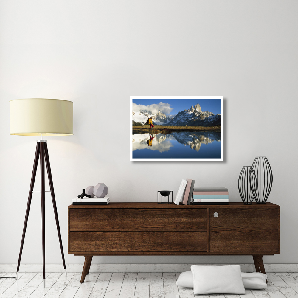 Hiker, Cerro Torre and Fitzroy reflected in small pond at dawn, Loma Plieque Tumbado, Los Glaciares National Park, Patagonia, Argentina-Paper Art-38&quotx26"
