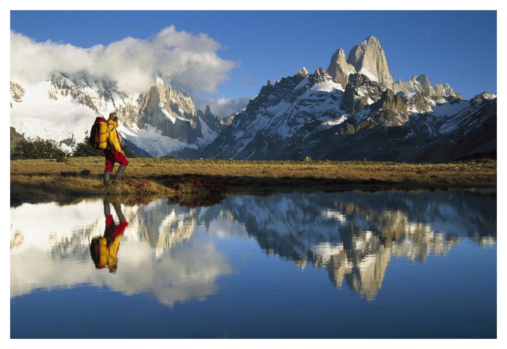 Hiker, Cerro Torre and Fitzroy reflected in small pond at dawn, Loma Plieque Tumbado, Los Glaciares National Park, Patagonia, Argentina-Paper Art-50"x34"
