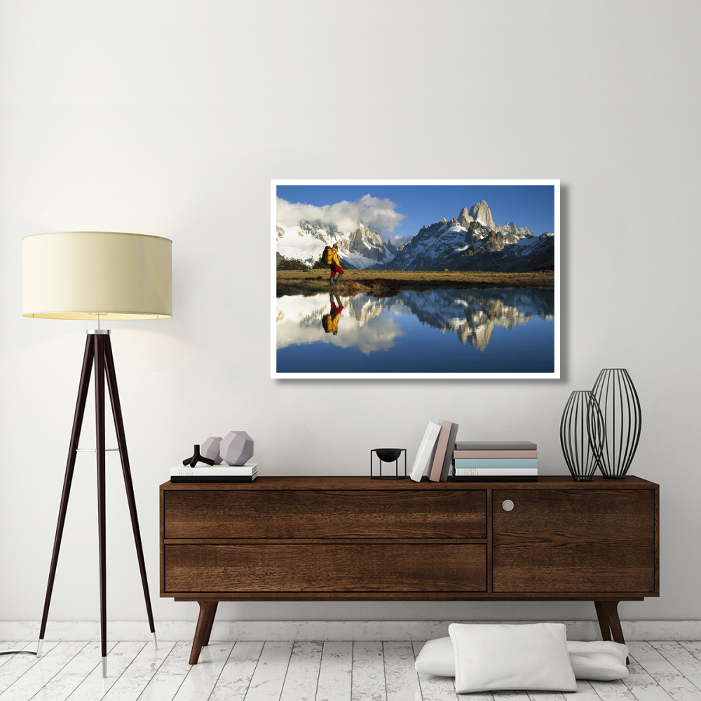 Hiker, Cerro Torre and Fitzroy reflected in small pond at dawn, Loma Plieque Tumbado, Los Glaciares National Park, Patagonia, Argentina-Paper Art-50&quotx34"