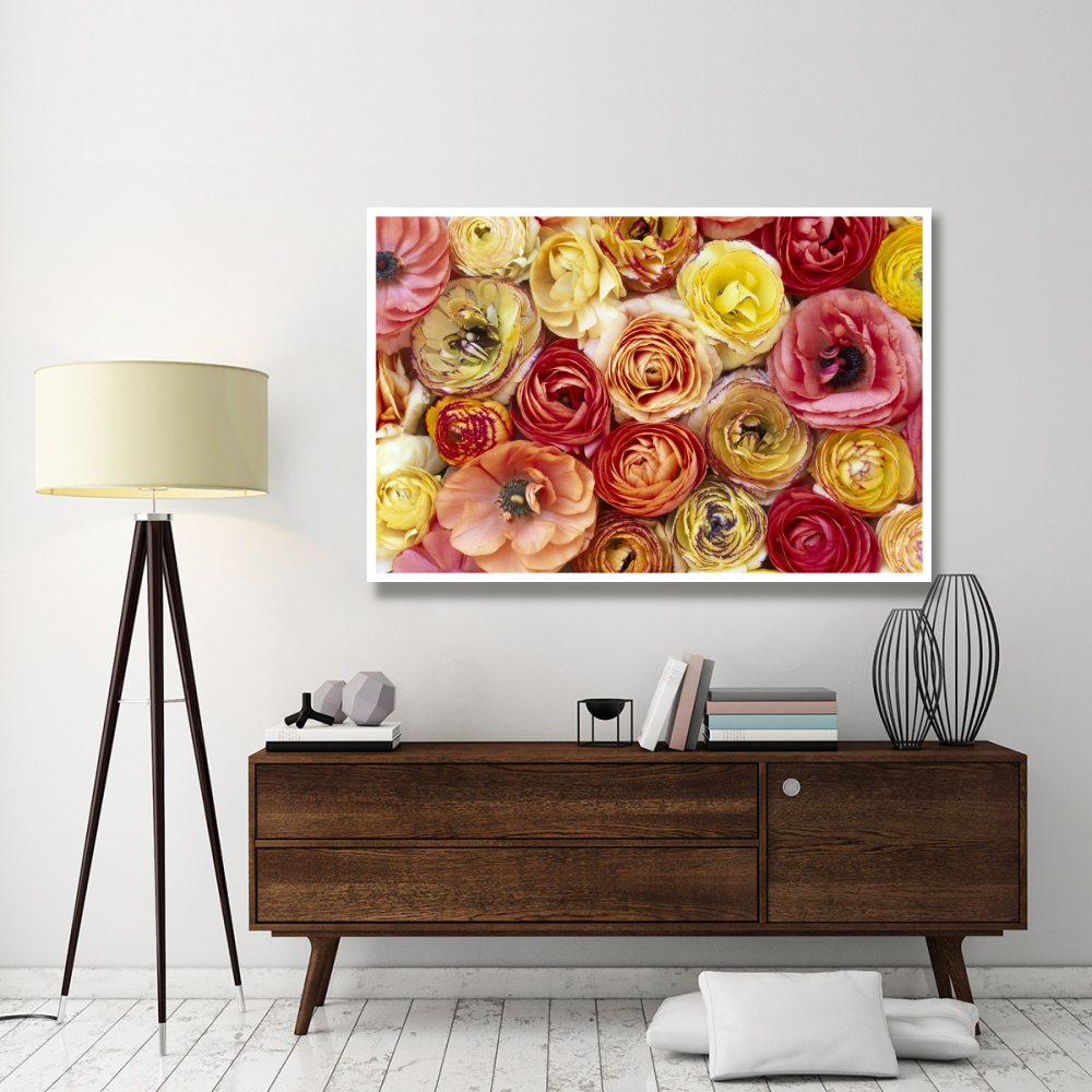 Buttercup flowers, close up of a group of orange, pink, yellow and red flowers-Paper Art-62&quotx42"