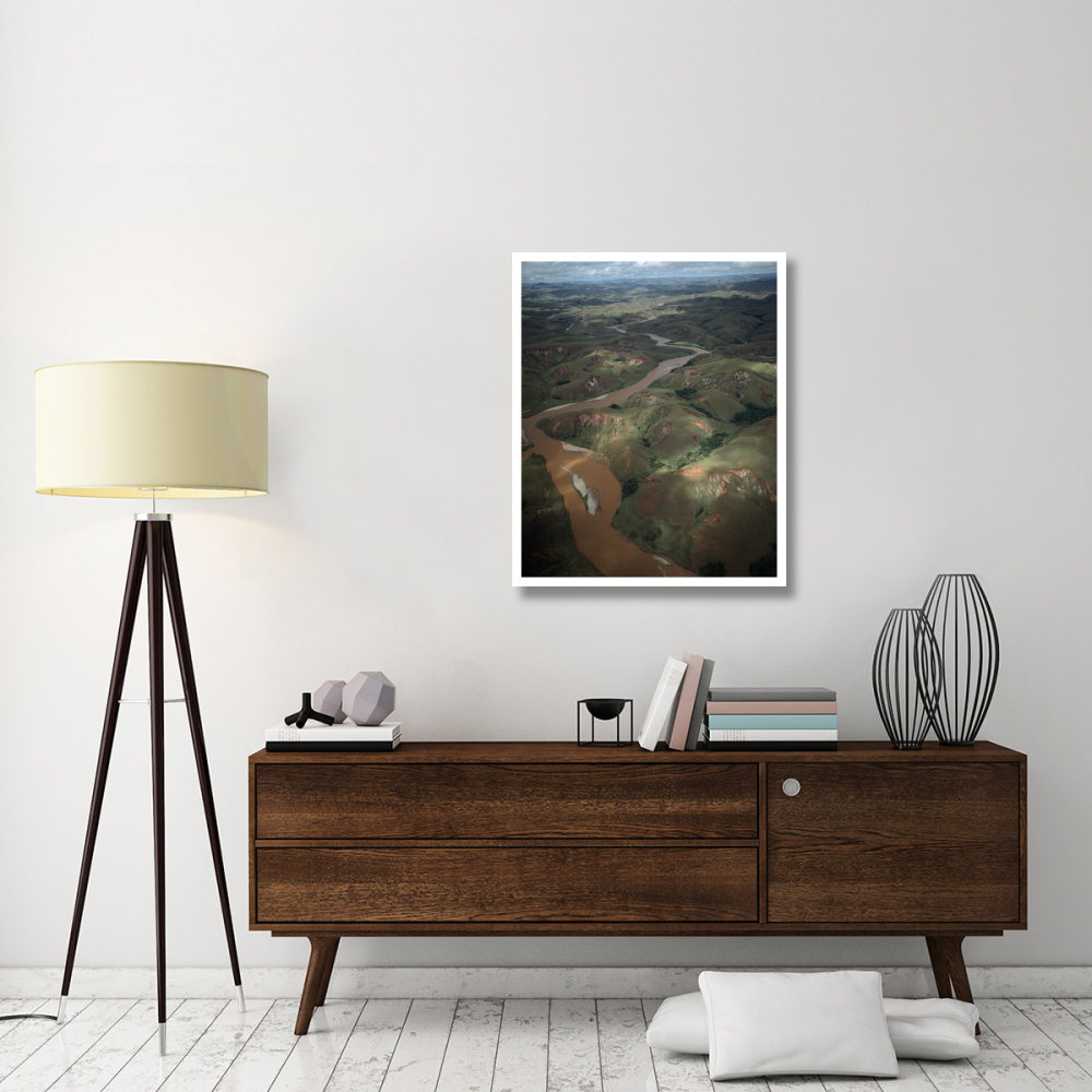Deforested and deeply eroded hills alongside silted river, Betsiboka River, Madagascar-Paper Art-30&quotx37"