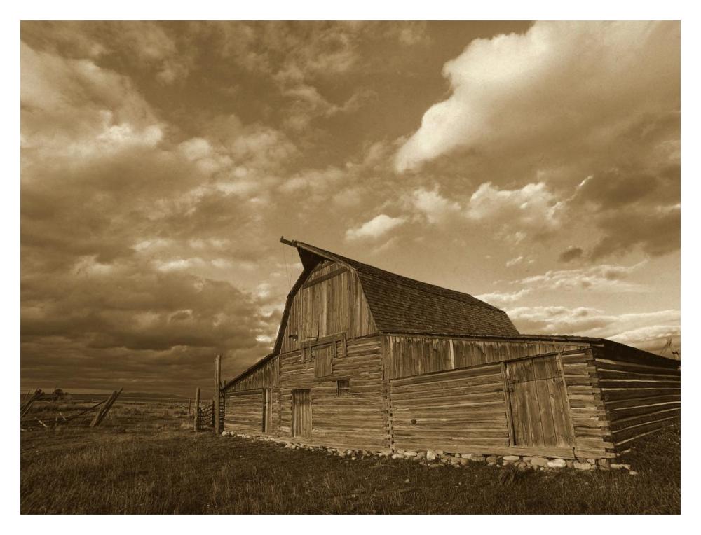 Mormon Row Barn, Grand Teton National Park, Wyoming - Sepia-Paper Art-18"x14"