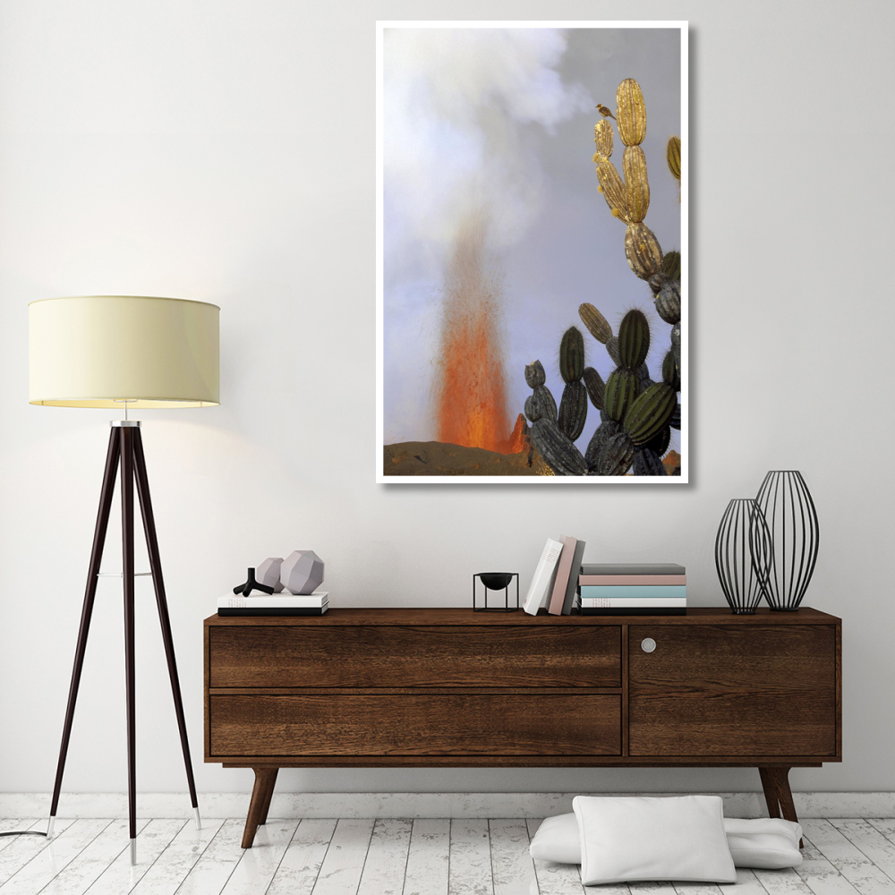 Galapagos Mockingbird atop Giant Candelabra Cactus near eruption, Galapagos-Paper Art-42&quotx62"