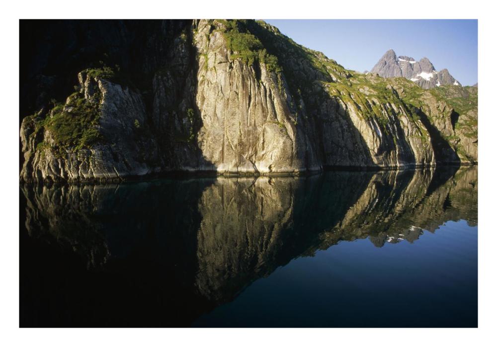 Norwegian fjord, glacial carved granite, Trollfjorden, Lofoten Island, Norway-Paper Art-26"x18"