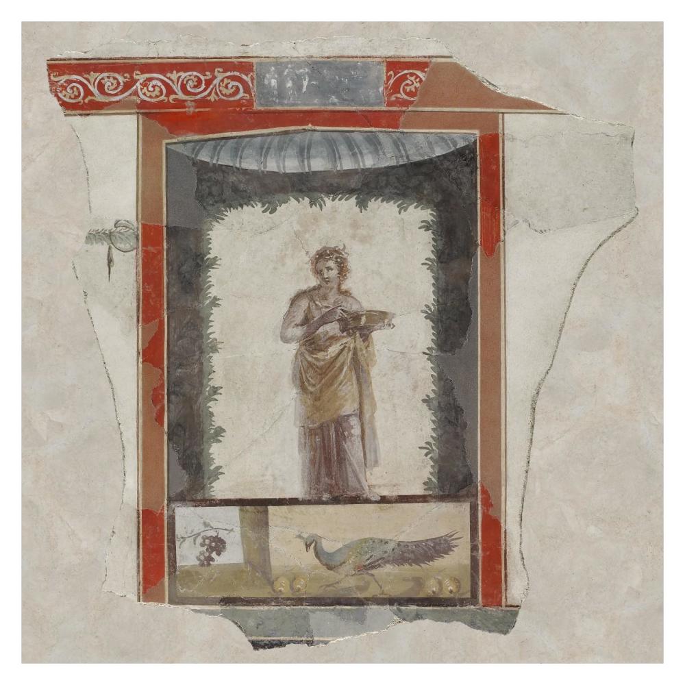 Fresco Depicting a Woman (Maenad) Holding a Dish, Peacock and Fruit Below-Paper Art-32"x32"