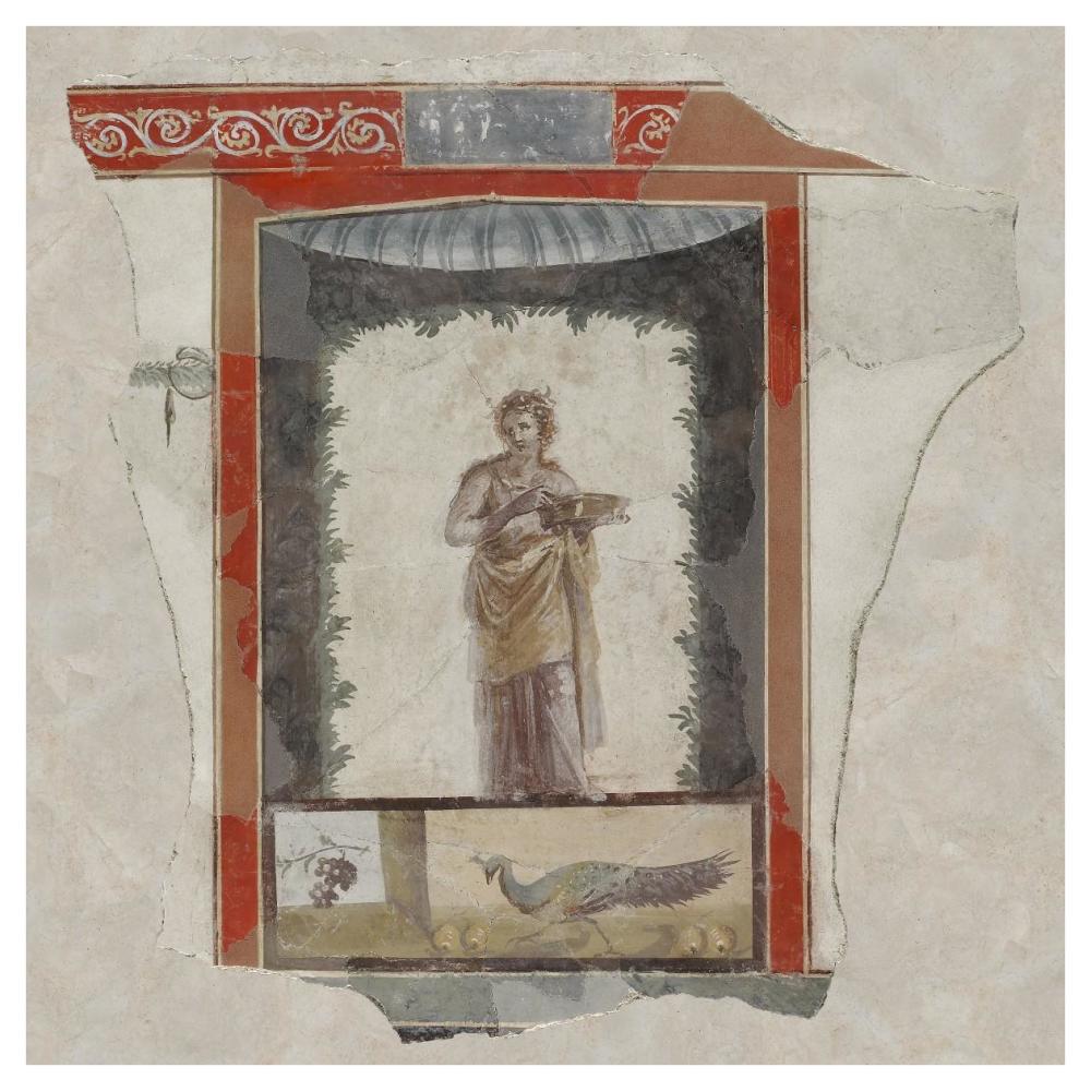 Fresco Depicting a Woman (Maenad) Holding a Dish, Peacock and Fruit Below-Paper Art-42"x42"