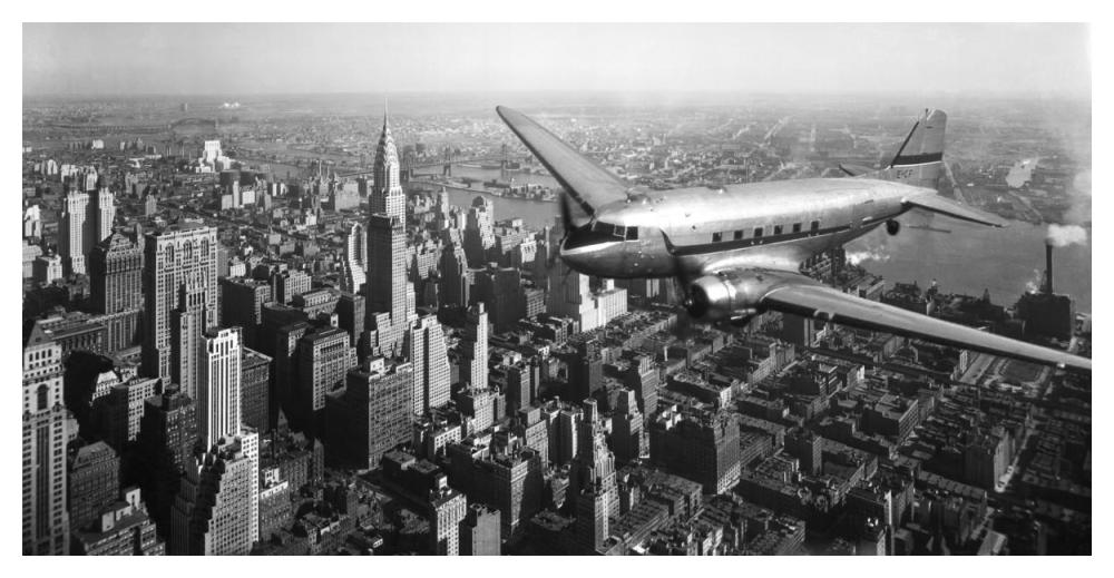 DC-4 over Manhattan, NYC-Paper Art-50"x26"