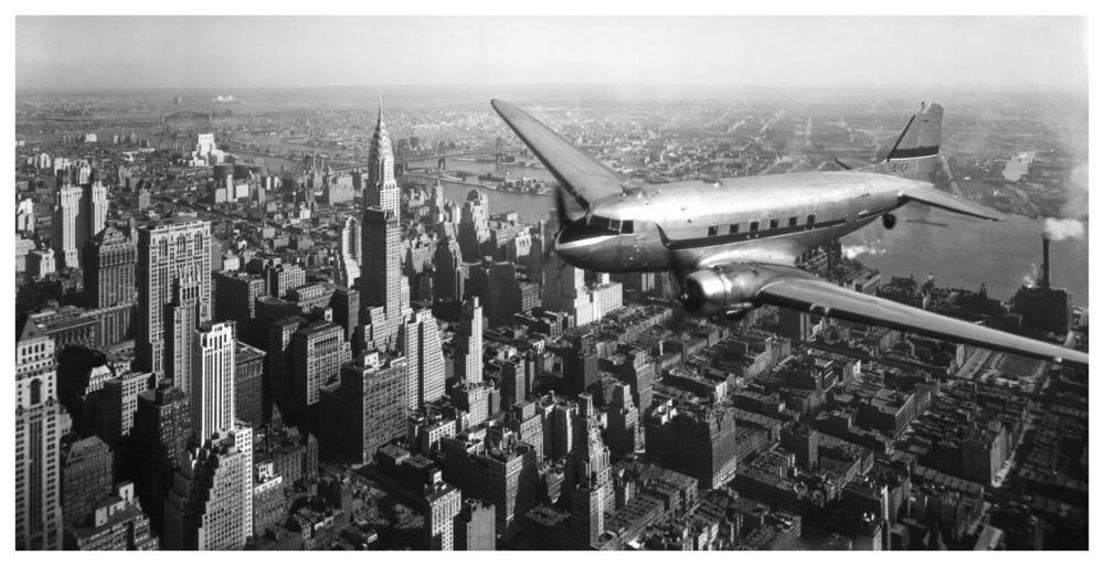 DC-4 over Manhattan, NYC-Paper Art-74"x38"