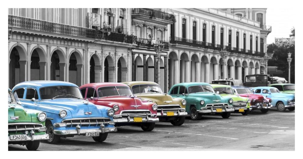 Cars parked in line, Havana, Cuba-Paper Art-38"x20"