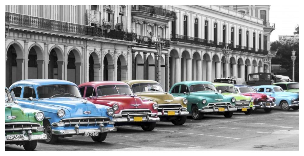 Cars parked in line, Havana, Cuba-Paper Art-62"x32"