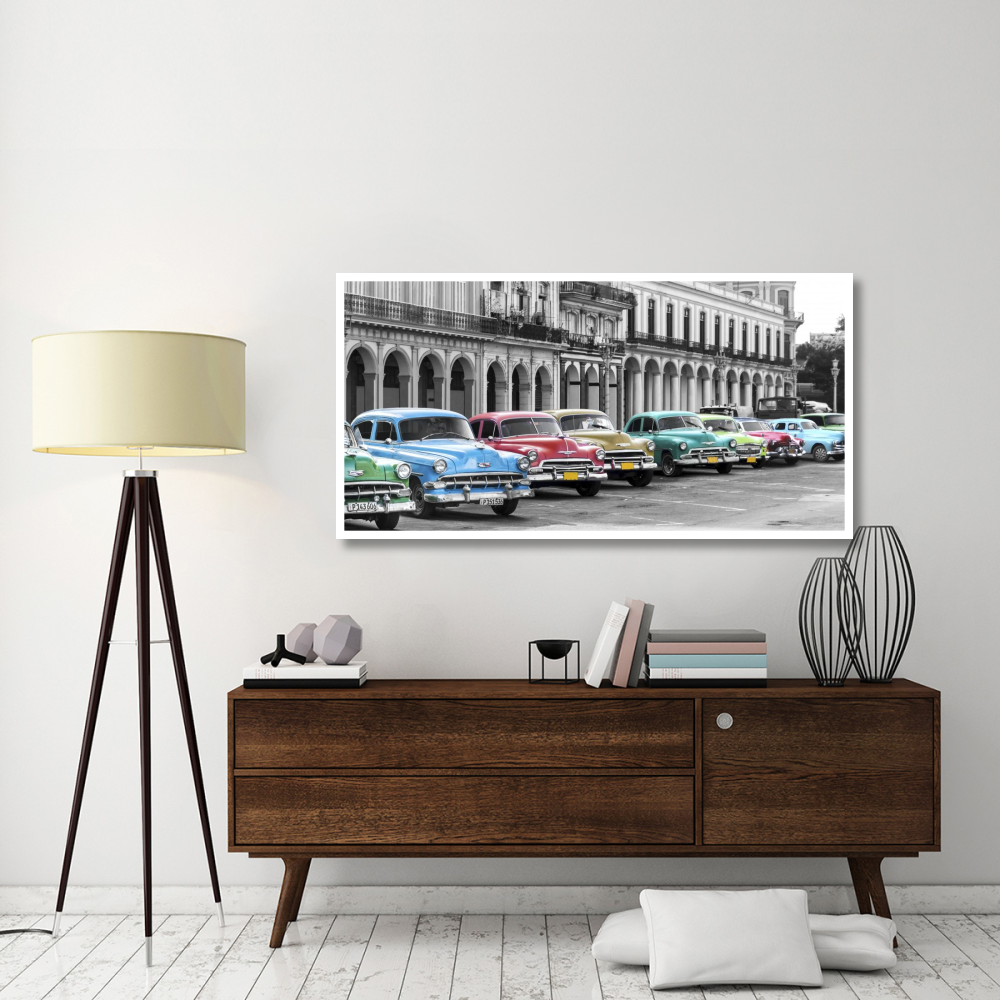 Cars parked in line, Havana, Cuba-Paper Art-62&quotx32"