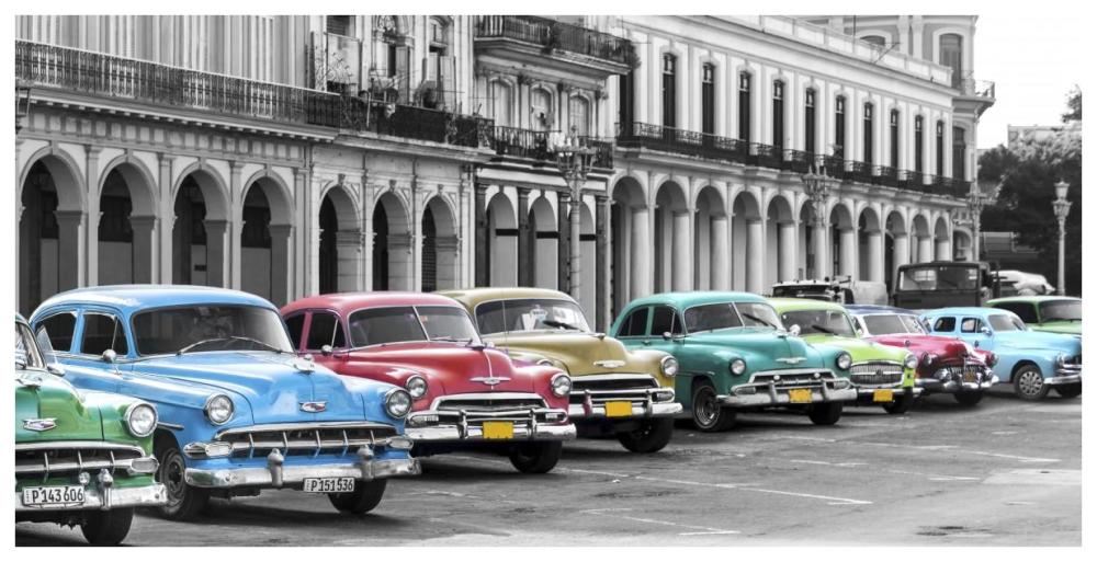 Cars parked in line, Havana, Cuba-Paper Art-74"x38"