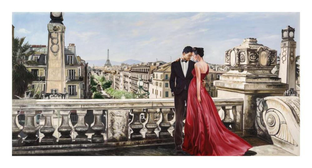 Lovers in Paris-Paper Art-26"x14"