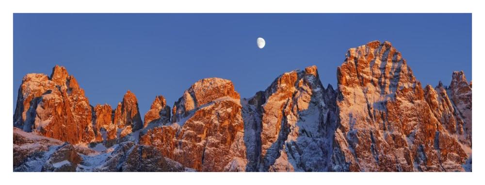 Pale di San Martino and moon, Italy-Paper Art-38"x14"