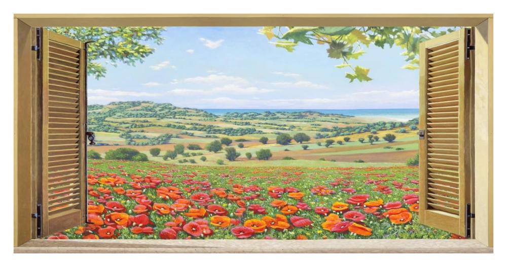 Finestra su campo di papaveri-Paper Art-38"x20"