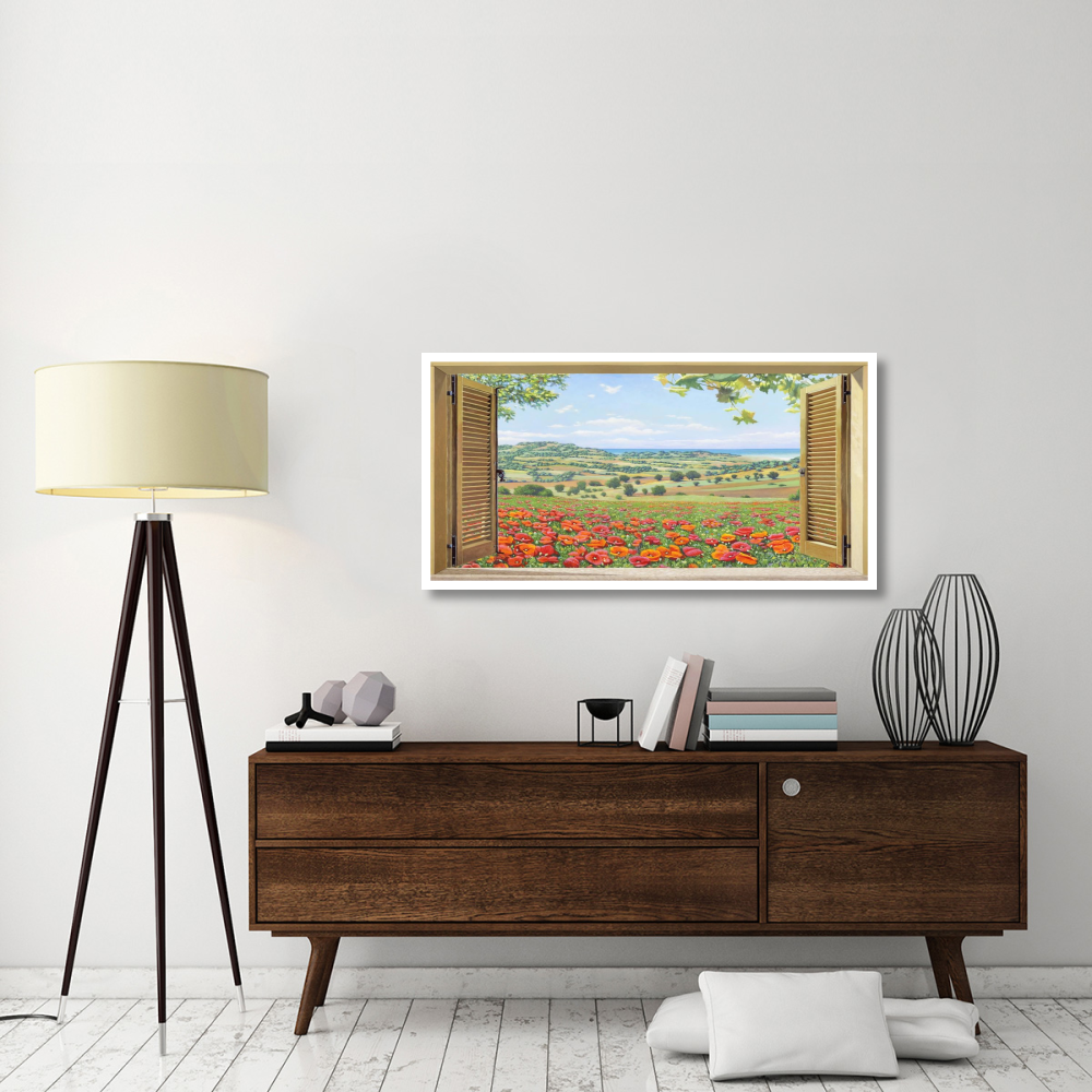 Finestra su campo di papaveri-Paper Art-50&quotx26"