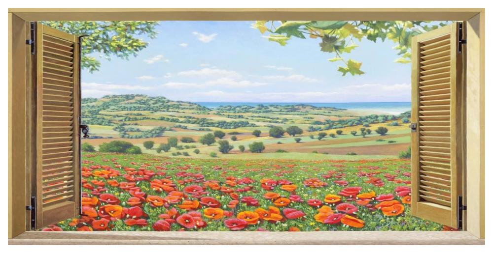 Finestra su campo di papaveri-Paper Art-62"x32"