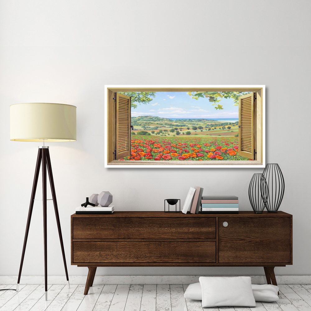 Finestra su campo di papaveri-Paper Art-62&quotx32"