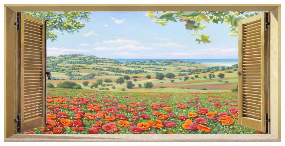 Finestra su campo di papaveri-Paper Art-74"x38"